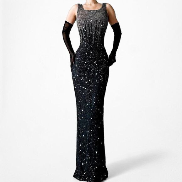 Vintage Gray Beaded Silk Maxi Bodycon Back Slit Formal Cocktail Dress Size S - Picture 3 of 7